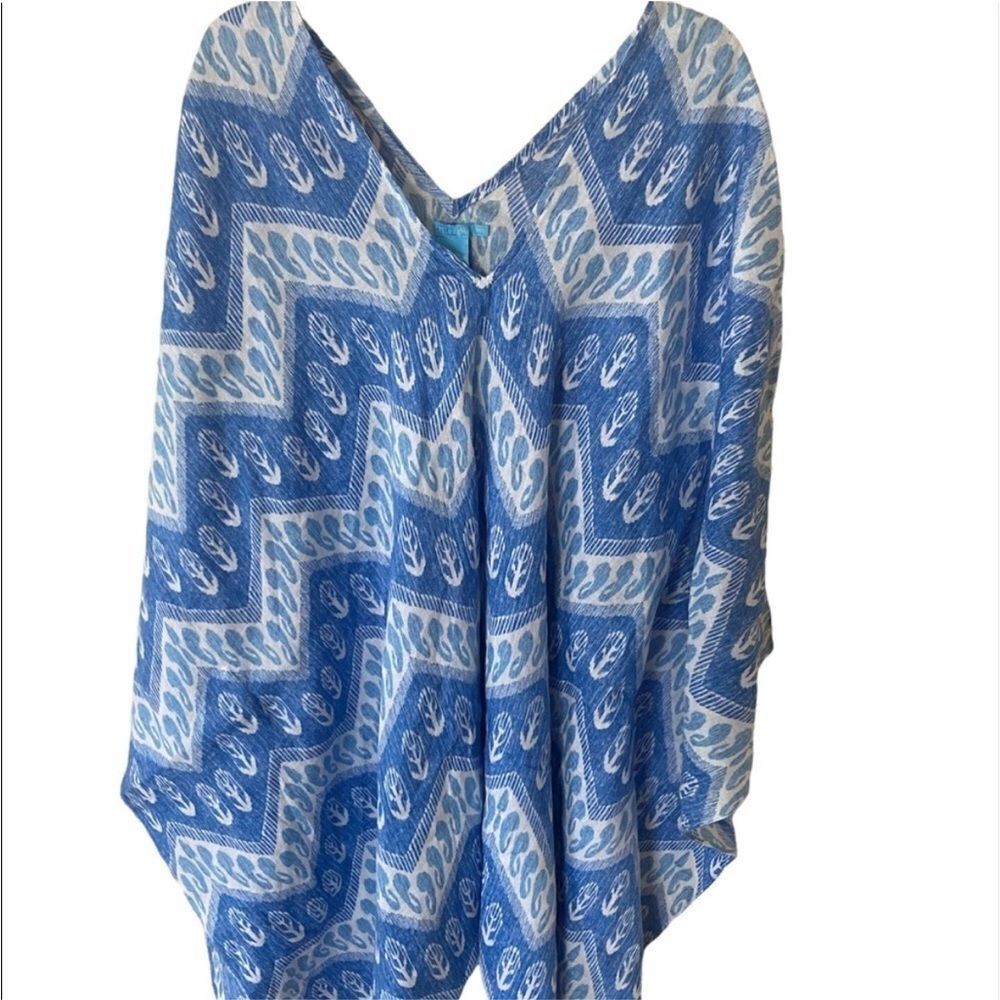 J. McLaughlin blue white print bathing suit cover up dress tunic M/L linen